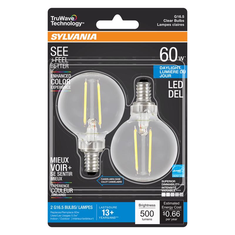 Sylvania Truwave G16.5 E12 (Candelabra) LED Bulb Daylight 60 Watt Equivalence 2 pk