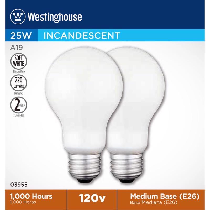 Westinghouse 25 W A19 A-Line Incandescent Bulb E26 (Medium) Soft White 2 pk