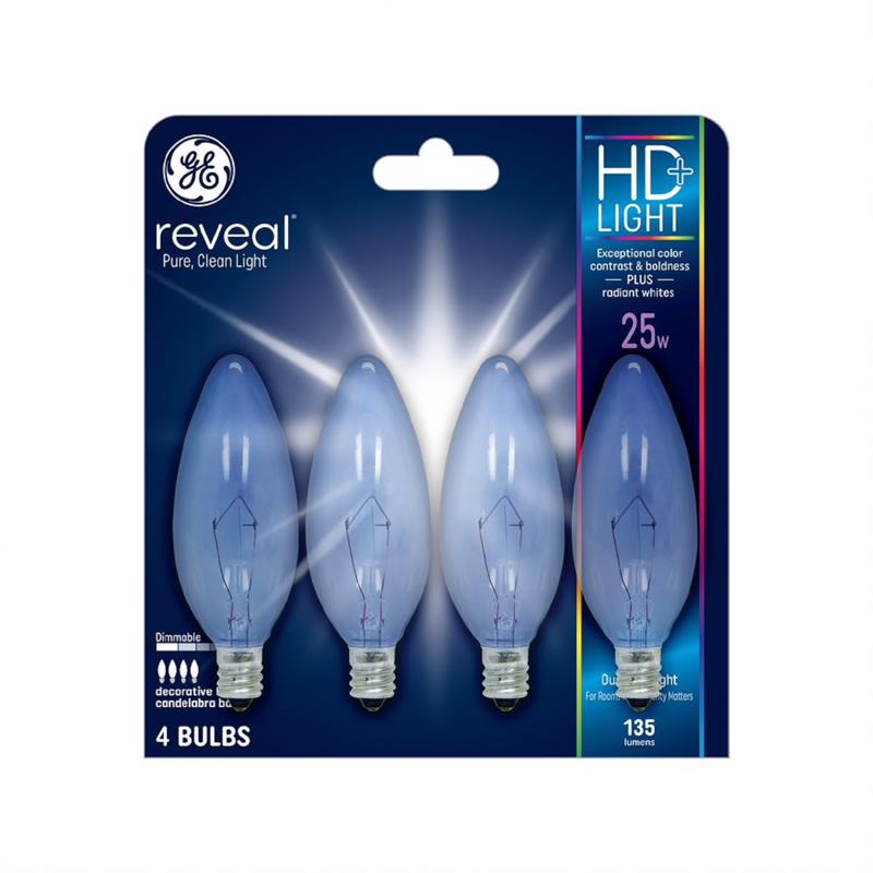 GE Reveal HD+ 25 W B10 Candelabra Decorative Bulb E12 (Candelabra) Pure Clean Light 4 pk