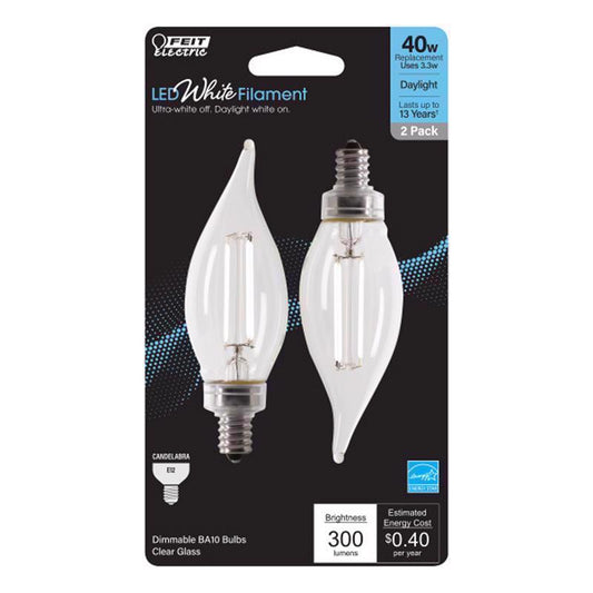 Feit White BA10 E12 (Candelabra) Filament LED Bulb Daylight 40 Watt Equivalence 2 pk