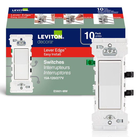 Leviton Decora Edge 15 amps Single Pole Rocker Switch White 10 pk