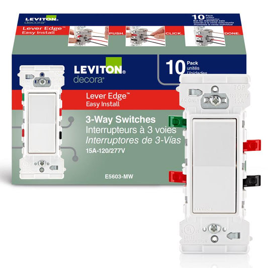 Leviton Decora Edge 15 amps 3-Way Rocker Switch White 10 pk