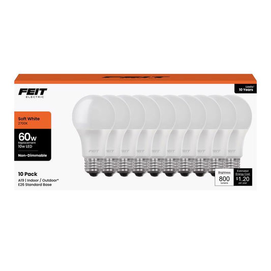 Feit A19 E26 (Medium) LED Bulb Bright White 60 Watt Equivalence 10 pk