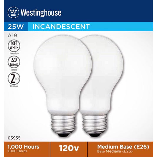 Westinghouse 25 W A19 A-Line Incandescent Bulb E26 (Medium) Soft White 2 pk