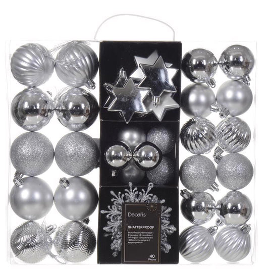 Decoris Silver Assorted Shatterproof Ornaments 2 in.