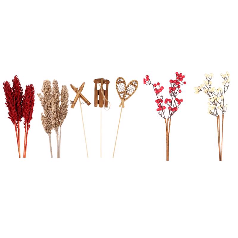 Second Nature Assorted Milo Berries, Accent Snowshoes/Sled/Skis, and Faux Berry Stems Table Decor