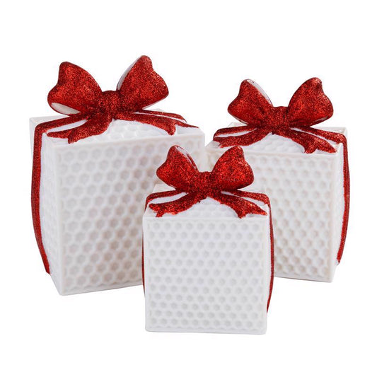 Lin-Con Marketing Omega Bright Designs LED White with Red Bows Gift Box Table Decor 6 in.